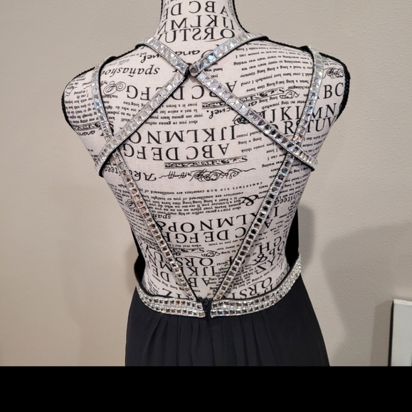 Formal Gown event Dress Women Size Sm. BLACK rhinestone halter straps by MINUET - Picture 2 of 12